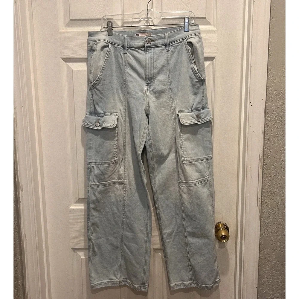 SO Goods‎ For Life Womens High Rise Cargo Wide Leg Jeans Light Wash Blue Size 15